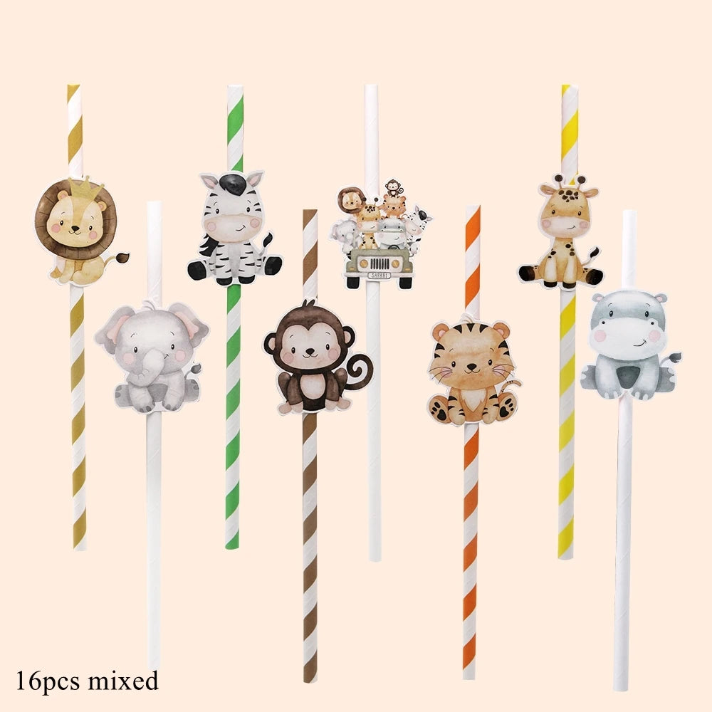 16Pcs Eco-Friendly Wild Animal Paper Straws for Kids Parties - Smarsty