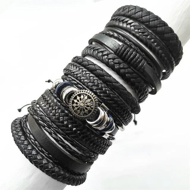 Handmade Black Leather Wrap Bracelets Set for Men and Women - Smarsty