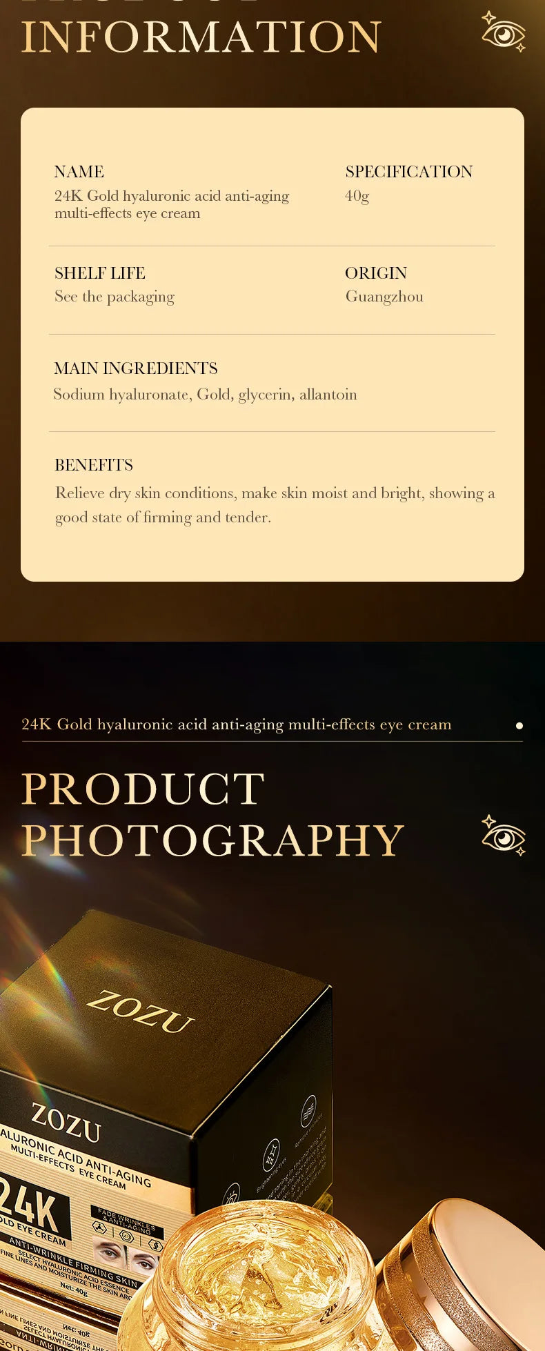 24k Gold Hyaluronic Acid Eye Cream for Dark Circles and Puffiness - Smarsty