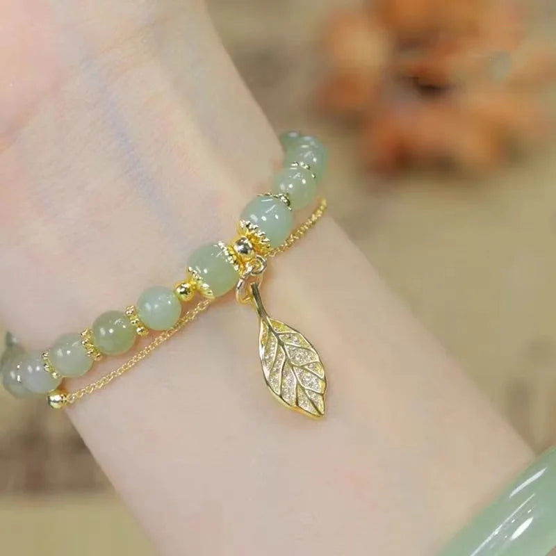 Exquisite Green Jade Bracelet for Women with Gold Leaves - Smarsty