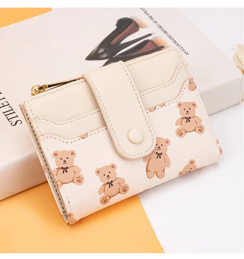 Women Short Wallets PU Leather Female Bifold Purses Cute Bear Card Holder Wallet for Girl Small Zipper Wallet with Coin Purse - Smarsty