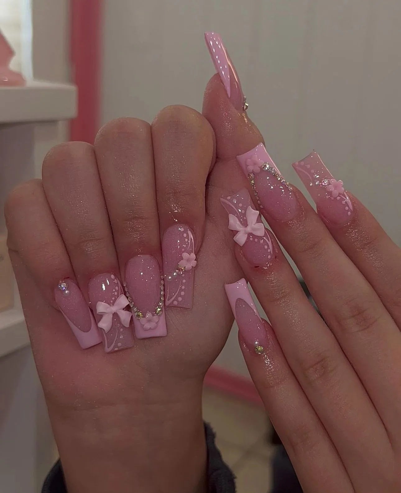 Pink Bowknot Stiletto Press On Nails 24PCS Full Cover - Smarsty