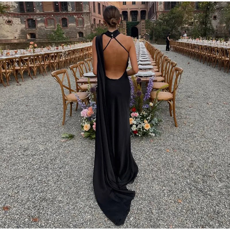 Elegant Solid Ribbon Women Halter Dress Off Shoulder Sleeveless Backless Slim Female Maxi Dresses 2025 Summer New Chic Lady Robe - Smarsty
