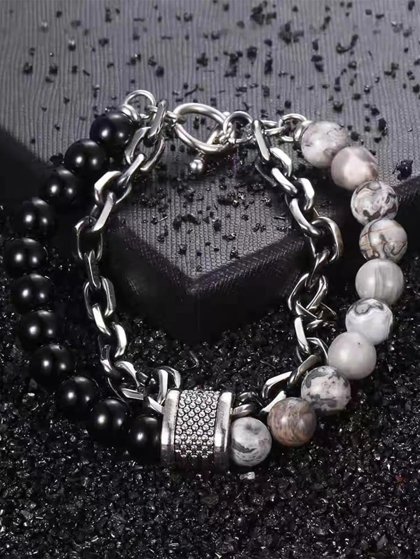Punk Black Beaded Chain Bracelet for Men - Smarsty