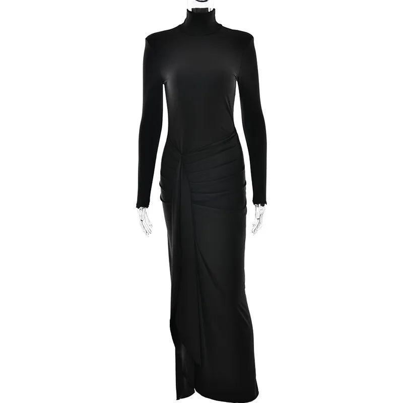 Mozision Turtleneck Thigh High Split Sexy Maxi Dress For Women Fashion Long Sleeve Draped Bandage Bodycon Club Long Dress - Smarsty