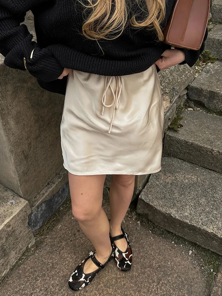 Satin Mini Skirts Women Summer Beige Silk Short Skirt For Woman Drawstring High Waist Black Satin Skirt A Line Women Short 2025 - Smarsty