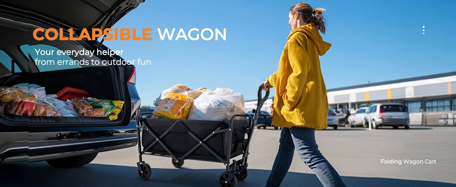 Heavy Duty Wagon Carts Foldable, Portable Wagons for Groceries, Beach Cart with All-Terrain Wheels Drink Holders, Utility Wagon