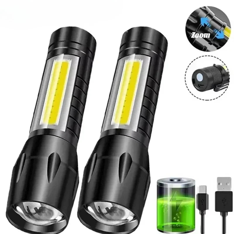 Mini LED Flashlight COB+XPE Portable Torch USB Charging Camping Lantern Zoomable Focus Light Tactical Flashlight with Pen Clip - Smarsty