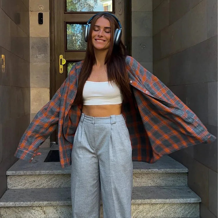 Oversized Plaid Shirt Autumn Winter Women Vintage Long Sleeve Fashion Loose Lapel Pocket Shirt Fit Blouse Korean Style - Smarsty