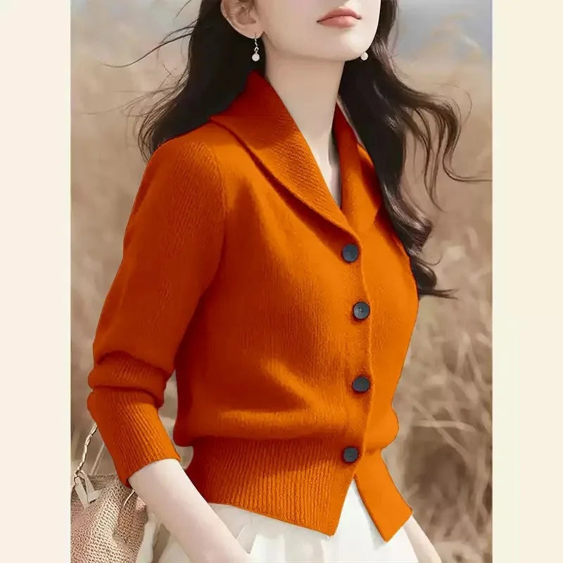 2025 New Spring Autumn Turndown Collar High End Women Knitt Cardigan Sweater Fashion Korean Version Female Knitwear Tops - Smarsty