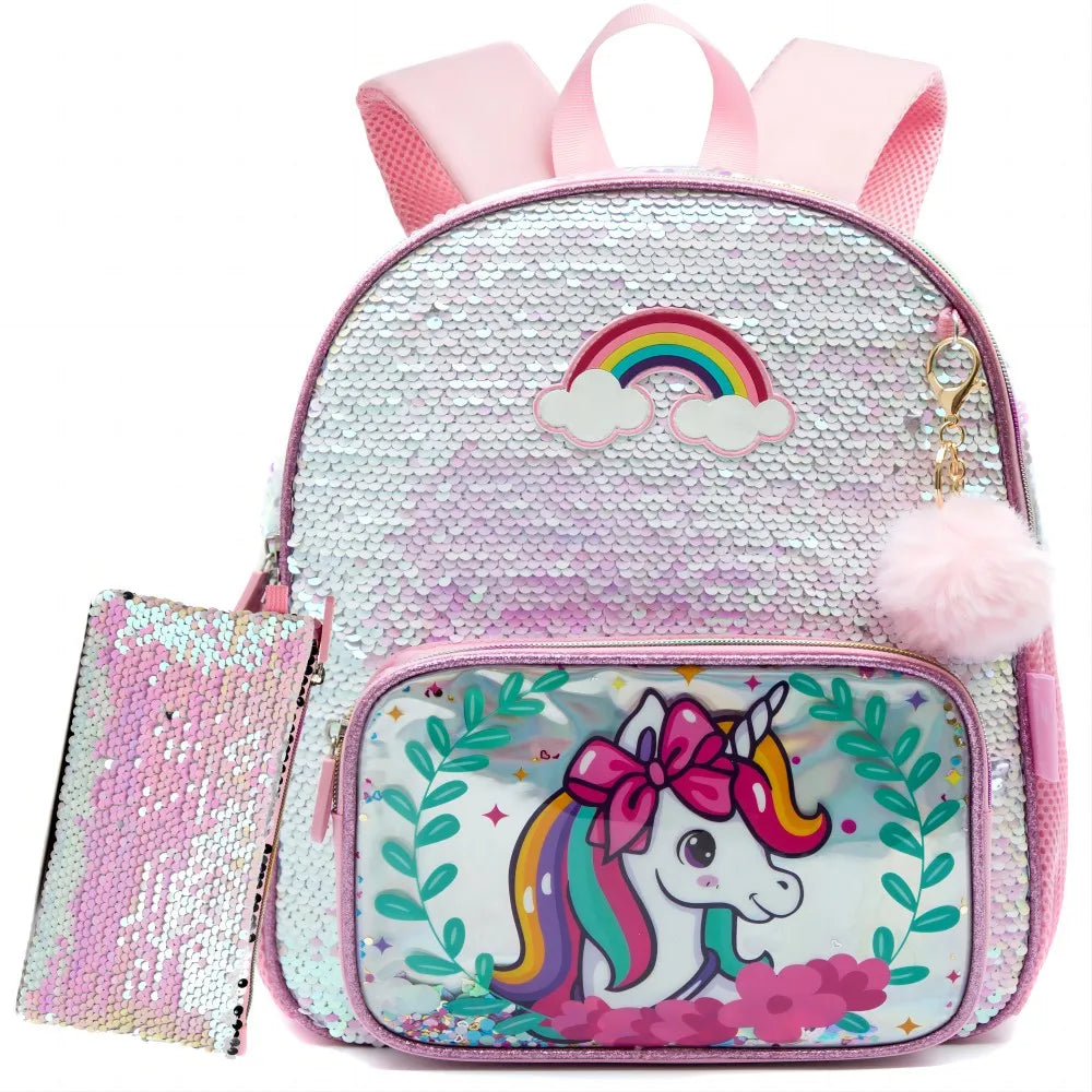 Girls Sequined Kindergarten Backpack With Zipper Closure - Smarsty