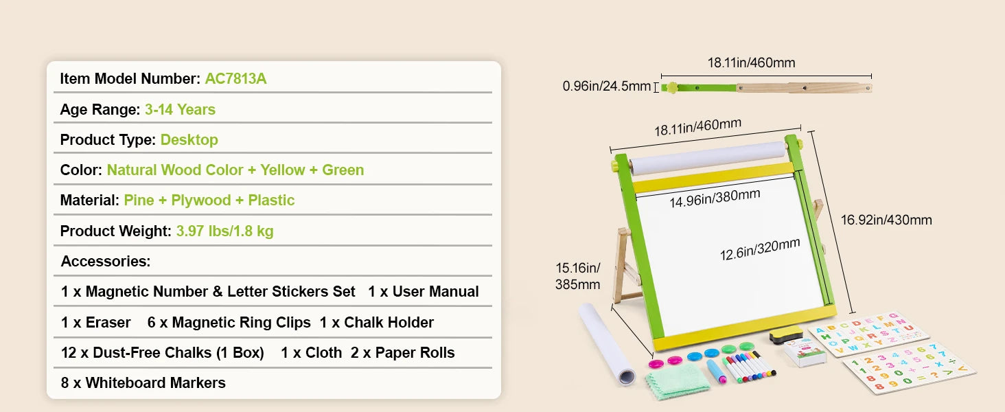 SucceBuy Tabletop Children Magnetic Drawing Board 3-in-1 Double-Sided Kids Art Easel with Painting Accessories for Girls Toy