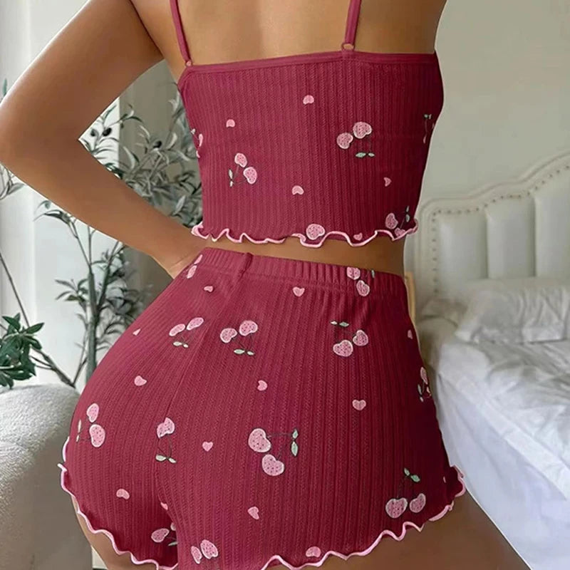 Sleepwear Women's Summer Pajama Set Heart Print Sexy Ribbed Bow Decor Round Neck Backless Crop Cami Top & Shorts Nightwear - Smarsty