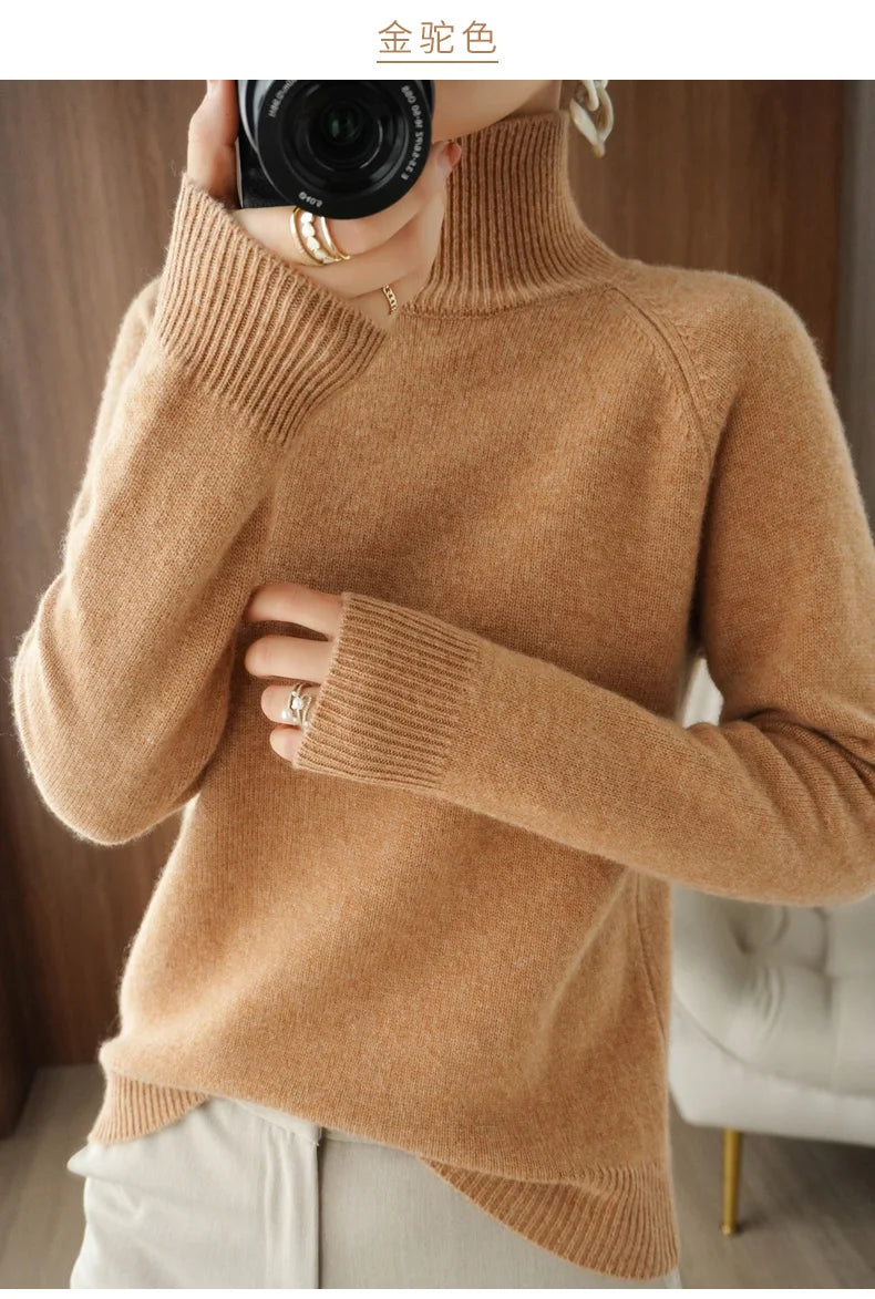Fashion Basic Autumn Winter Merino Wool Sweater Mock Neck Cashmere Pullover Solid Color Soft Long Sleeve Clothing Tops - Smarsty