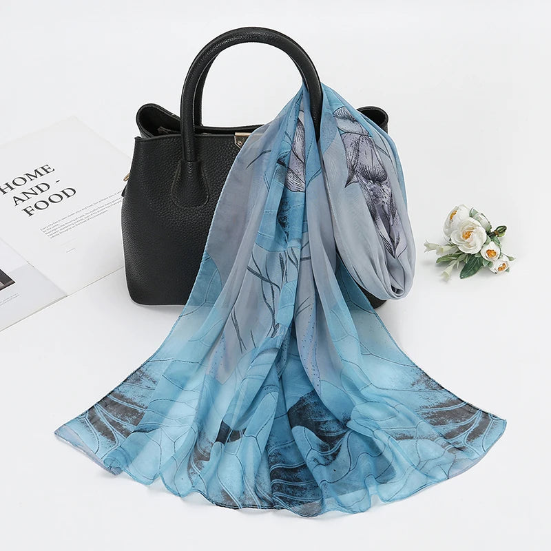 Lightweight Silk Lotus Print Scarf for Women Sun Protection - Smarsty