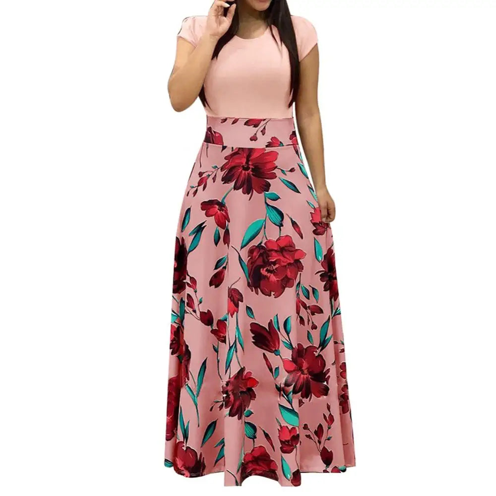 Elegant Women's Long Dress Flower Retro Printed Patchwork Long Sleeve Banquet Maxi Robe S-5XL - Smarsty
