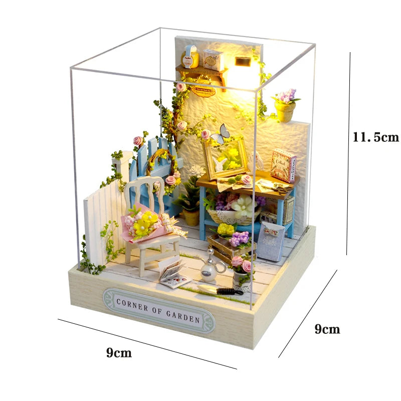 Wooden Flower Garden Doll House DIY Garden House Book Nook Shelf Insert 3D Puzzle Assembly Building Bookshelf With LED Lights