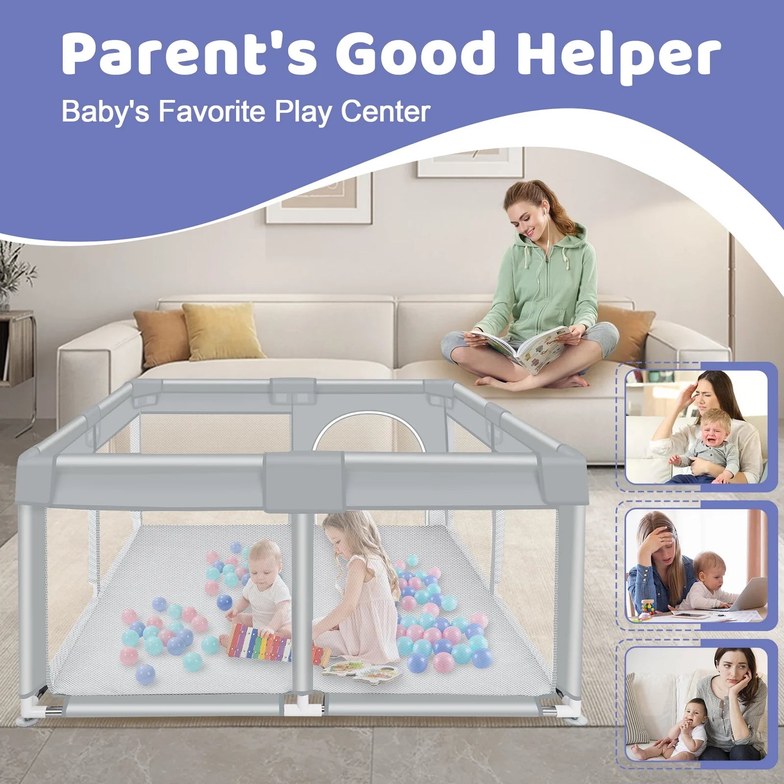 ANGDUO Baby Playpen 50*50 Inch Baby Play Yard With Soft Breathable Mesh Play Fence Infant Playard For Boy And Girls Light Gray