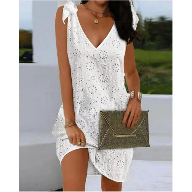 Elegant Dresses V-Neck Eyelet Embroidery Tied Detail Sleeveless Mini Straight Dress Vacation Fashion Summer Dress - Smarsty