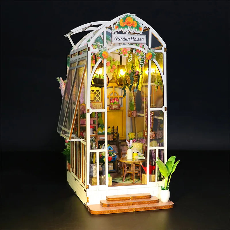 Wooden Flower Garden Doll House DIY Garden House Book Nook Shelf Insert 3D Puzzle Assembly Building Bookshelf With LED Lights