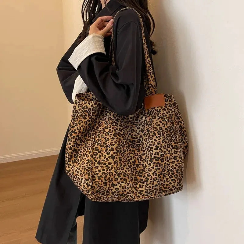 Leopard Pattern Tote Bag Vintage Canvas With Large Capacity - Smarsty