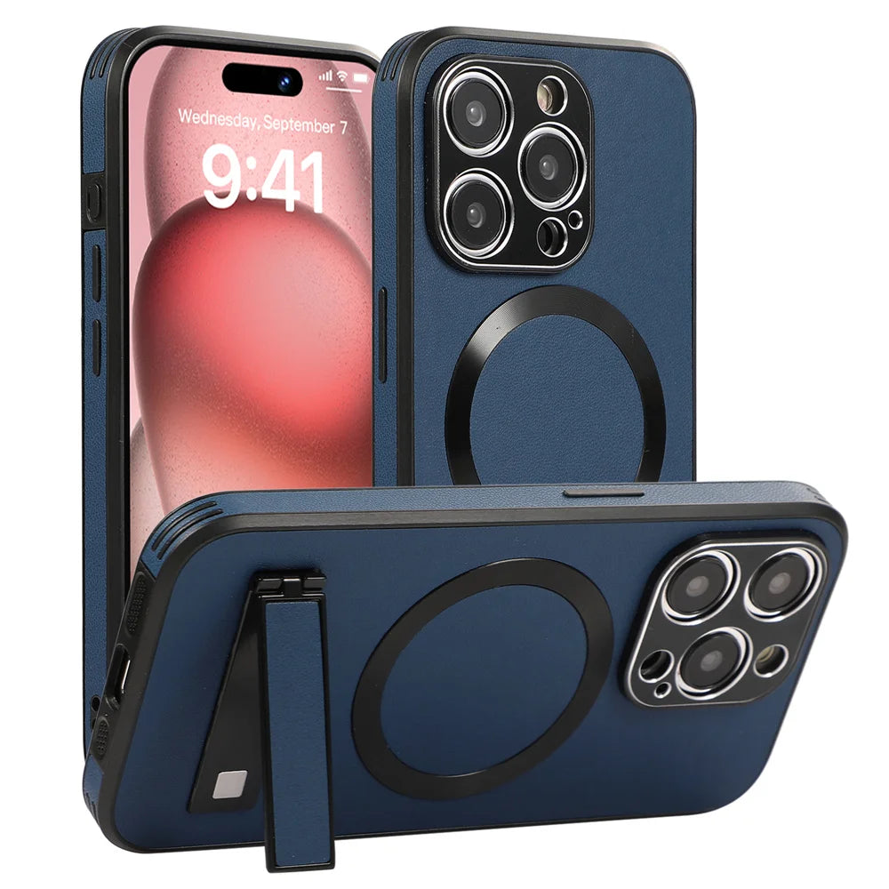 Luxury Magnetic Leather Stand Phone Case For iPhone 17 16 15 14 11 12 13 Pro Max Wireless Charging For Magsafe Shockproof Cover