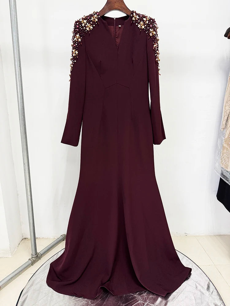 HIGH STREET Newest Fashion 2025 Designer Party Vestido Women's Diamonds Beaded Split Long Maxi Dress - Smarsty