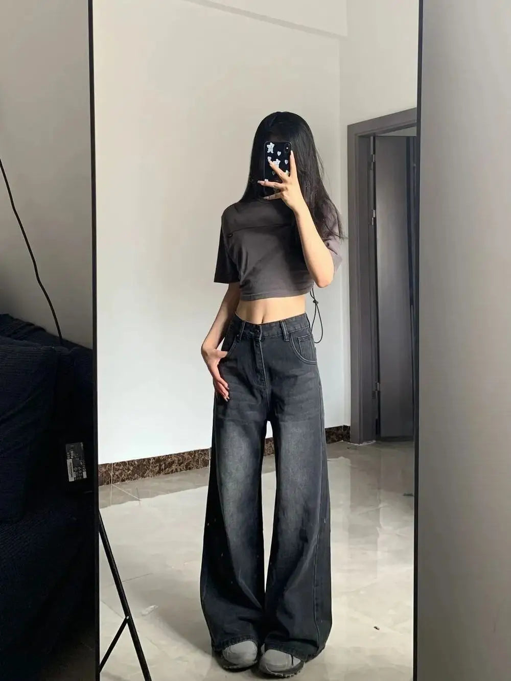 Korean Vintage High Waist Women's Jeans Y2K Slimming Pear-Shaped Loose Straight Bell Bottoms Black Gray Baggy Denim Trousers - Smarsty