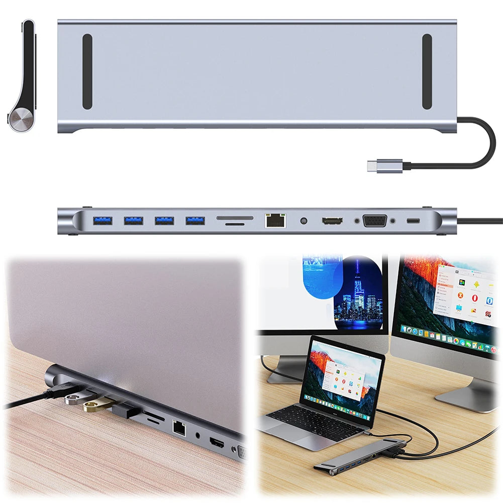 11 in 1 USB C Docking Station with 4K HDMI-Compatible VGA Ethernet USB C Dock 100W PD SD/TF Audio Type C Hub 1* USB 3.0 3*USB2.0