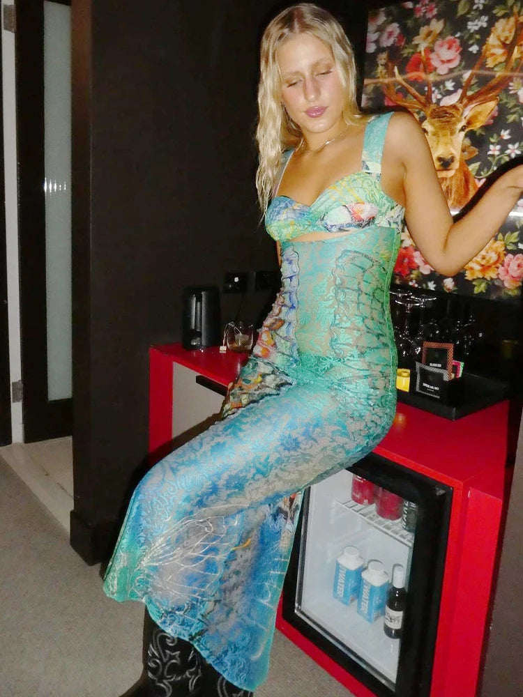 Dulzura Lace Print Cut Out Maxi Dress Bodycon Sexy Party Club Y2K Outfits Streetwear Bandage Dress Vestido Classic Prom - Smarsty