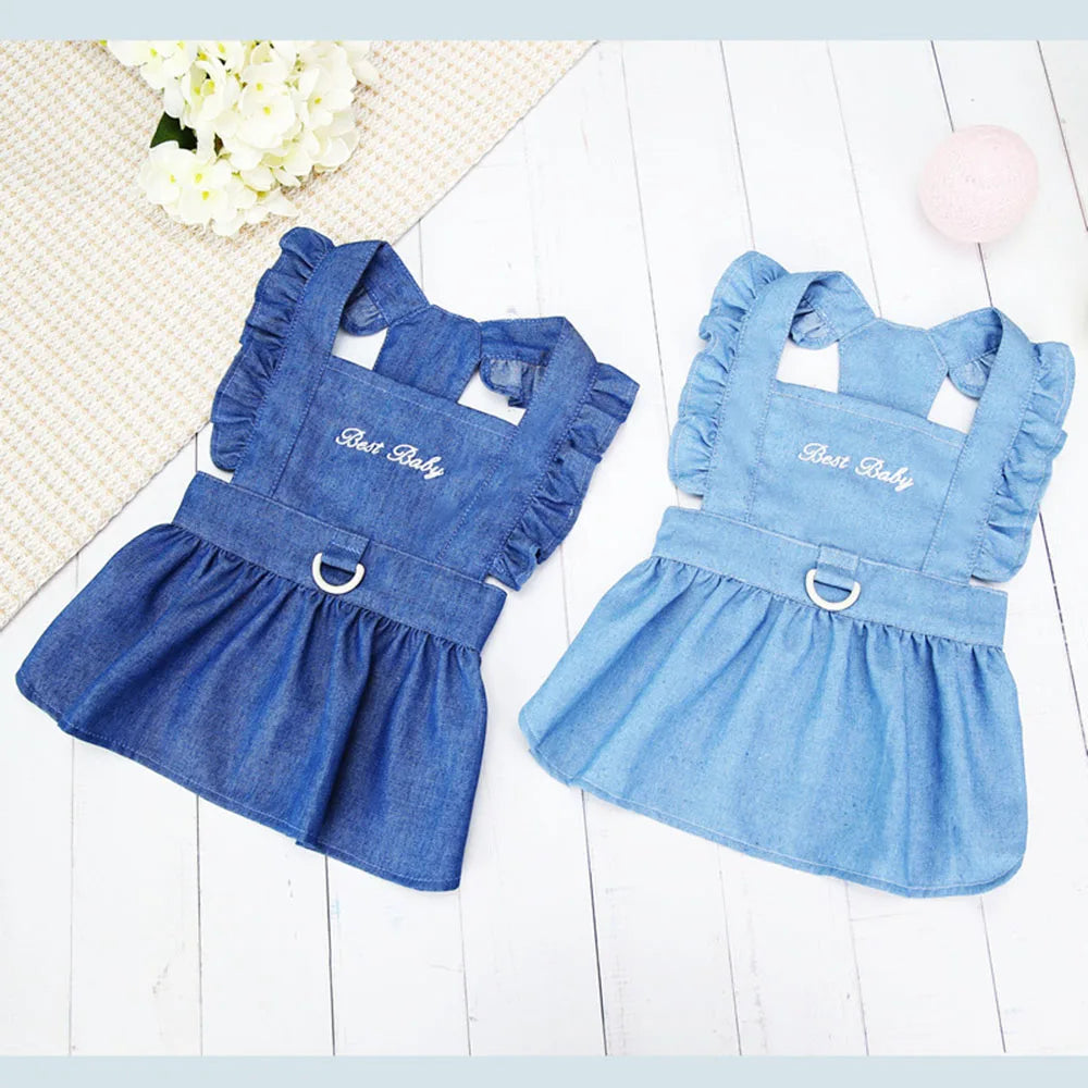 Cute Denim Dress for Small Dogs with Leash Ring - Smarsty