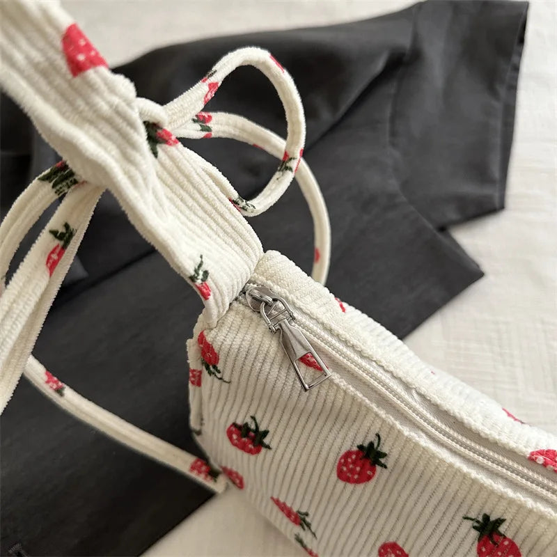 Corduroy Underarm Bag For Women Strawberry Print Mini Tote - Smarsty