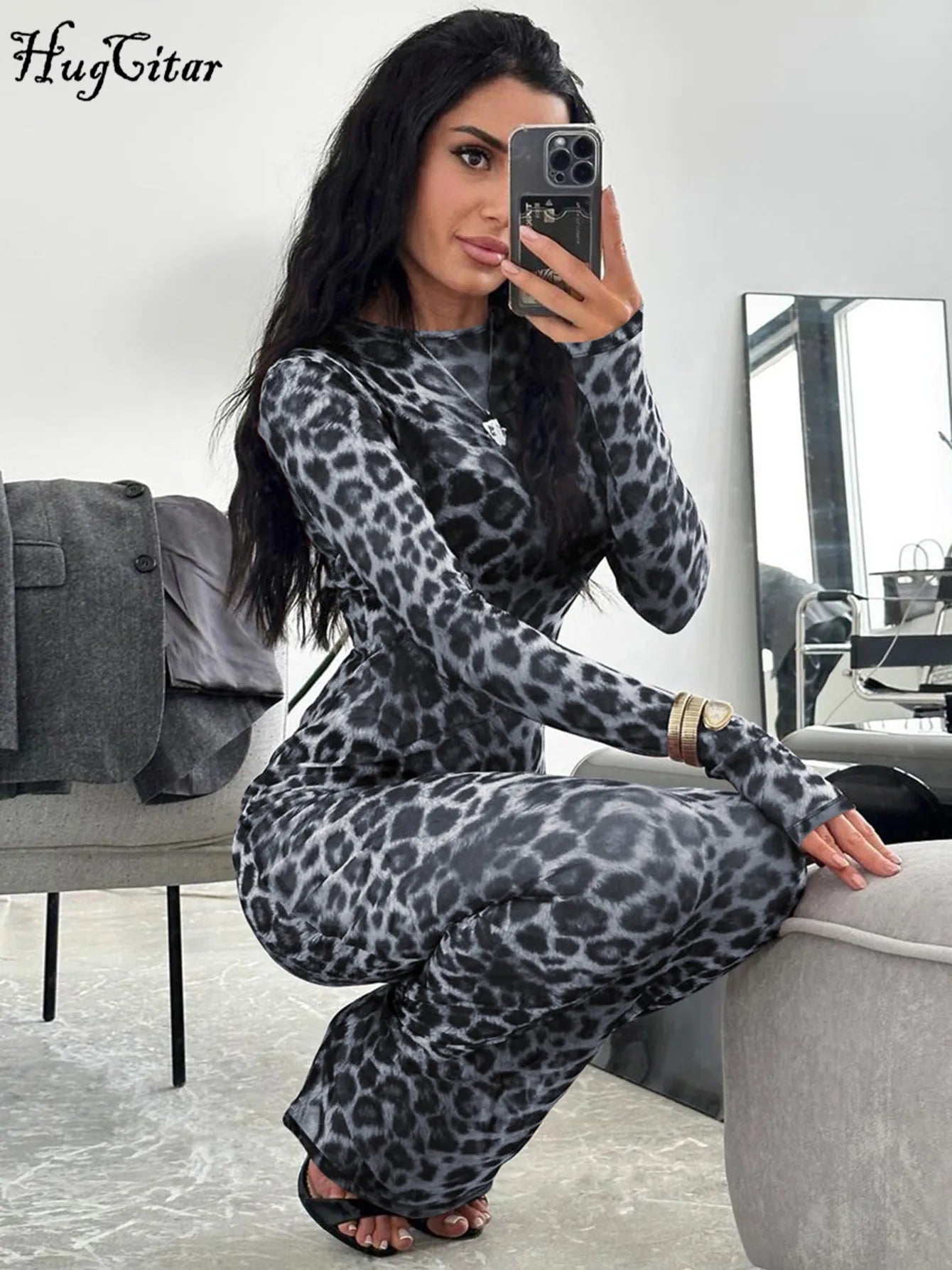 Hugcitar Leopard Print Mesh Long Sleeve Sexy Slim See Through Maxi Dress Fall Women Fashion Outfits Beach Vacation Club