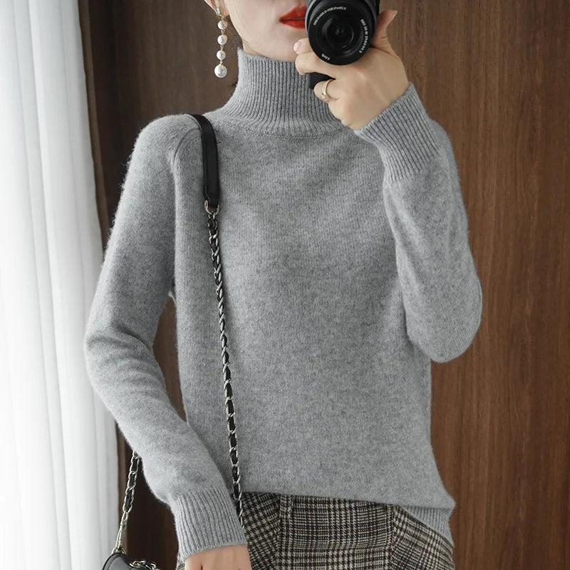 Fashion Basic Autumn Winter Merino Wool Sweater Mock Neck Cashmere Pullover Solid Color Soft Long Sleeve Clothing Tops - Smarsty