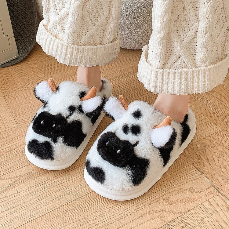 Casual Fluffy Slippers Women House Cute Cartoon Cow Designer Shoes Girl Flat Fashion Elegant Plush Winter Platform Footwear Home - Smarsty
