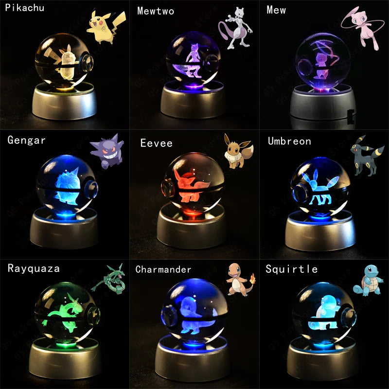 Pokemon Crystal Ball 3D Pikachu Mewtwo Mew Gengar Night Light Lamp Base Pokeball Crystal Pokemon Glass Ball Figure Birthday Gift - Smarsty