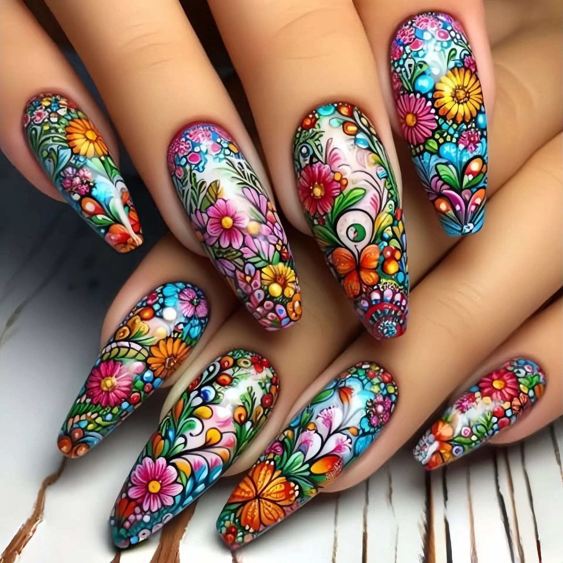 24 Piece Set Medium Long Press On Nails with Floral Design - Smarsty