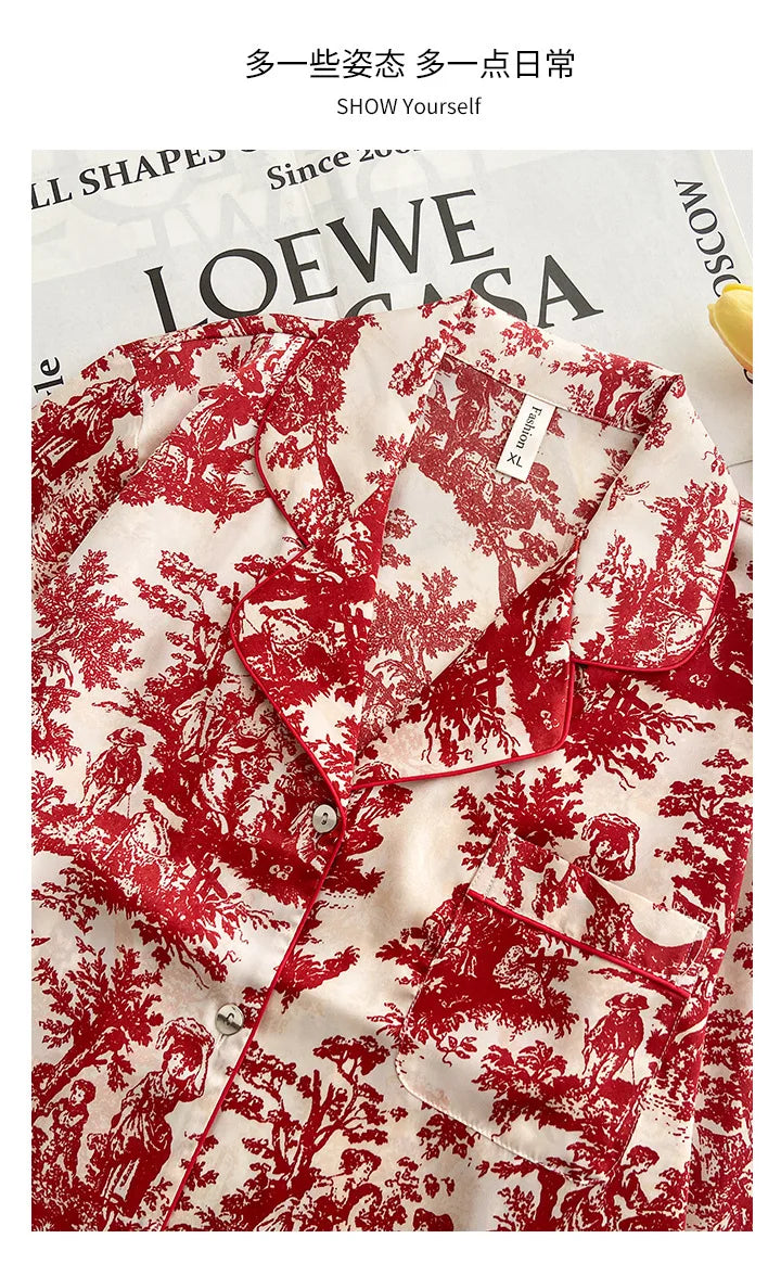 Fashion Print Flower 2PCS Pajamas Set Women Sleepwear Spring Summer Trouser Suits Lounge Wear Loose Satin Homewear Pijamas Suit - Smarsty