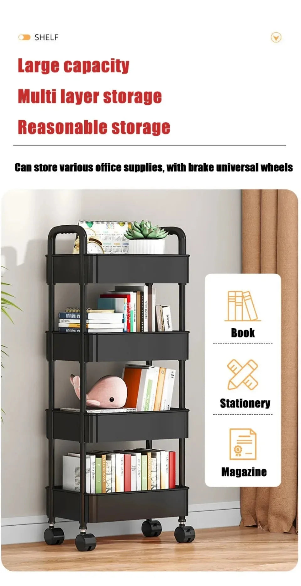 Bookshelf Storage Trolley Mobile Kitchen Organizer Cart With Wheels Multi-Layer Bathroom Shelves Household Snacks Storage Rack by Smarsty