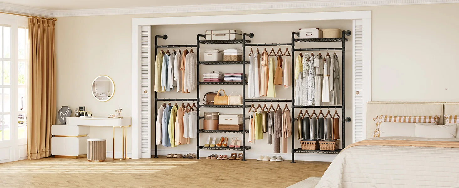 L4 Wall Mounted Industrial Pipe Clothes Rack, Closet Organizer System with Rods Expandable, Clothing Rack, Corner Garment Rack