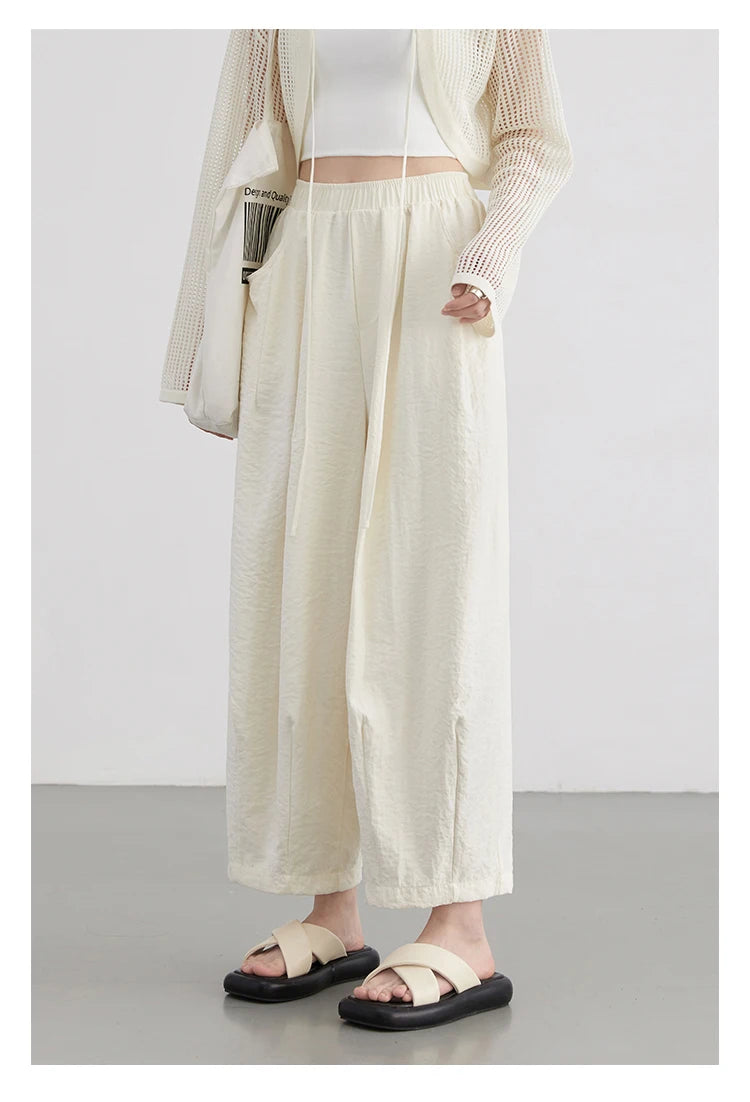 CHIC VEN Women White Pants Solid Casual Elastic Waist High Waisted Pleated Wide Leg Female Trousers Fold Summer 2025 Clothing - Smarsty