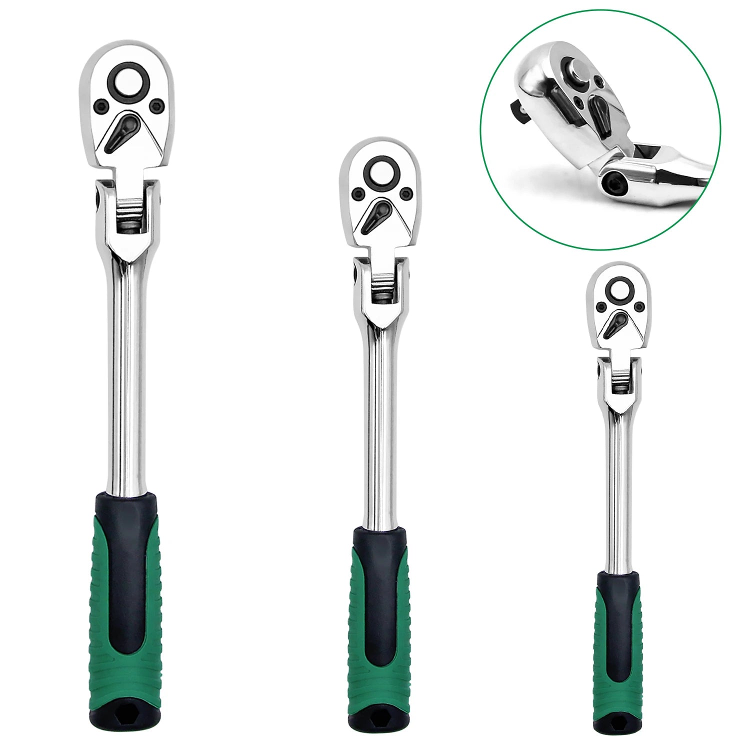 3-Piece Flex Head Ratchet Set, 1/4", 3/8", 1/2" Drive, 72-Tooth Ratchet with Chromium Plating Quick Release Reversible Design