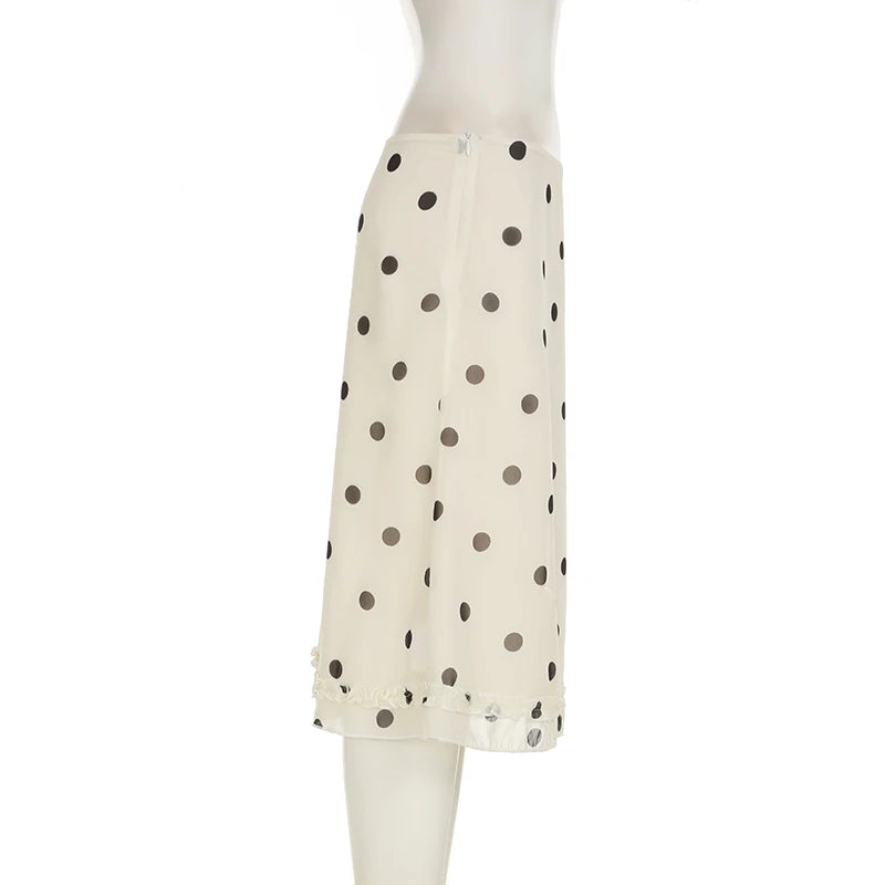 BIIKPIIK Casual Women Polka Dot Skirts Lettuce Trim Beige Elegant Midi Skirts Streetwear Simple All-match Bottom Clothing Spring - Smarsty