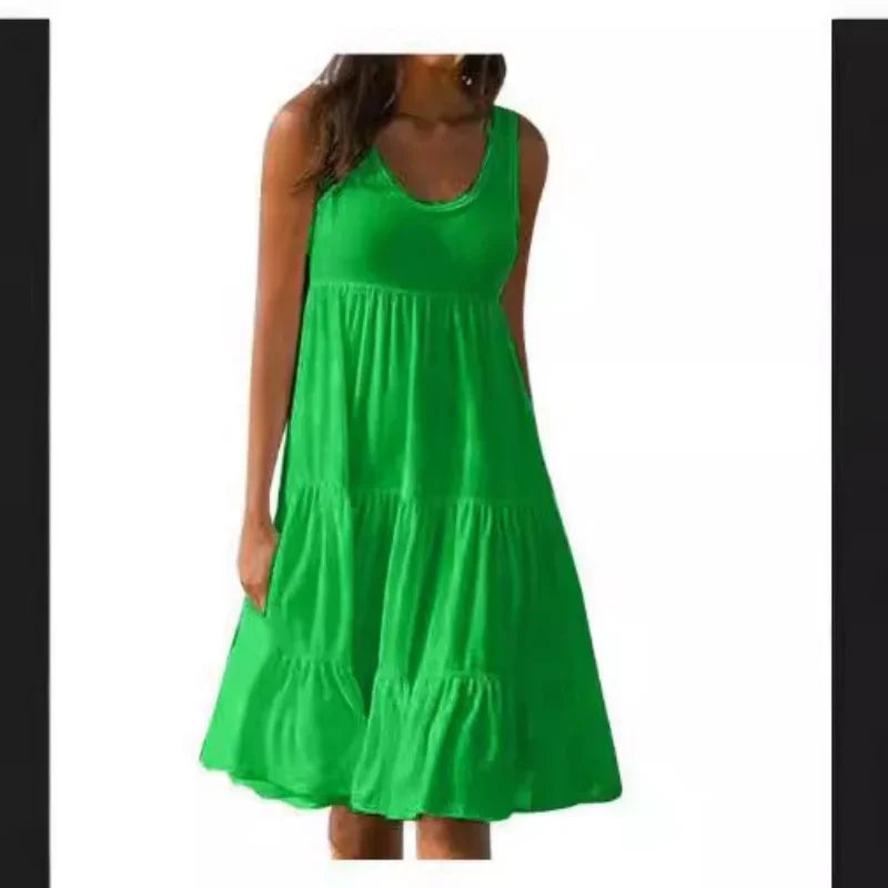 Bohemian Women's Casual O Neck Sleeveless Ruffle Mini Dress Solid Color Beach Tank Top Oversized Loose Dress Plus Size Women3029 - Smarsty