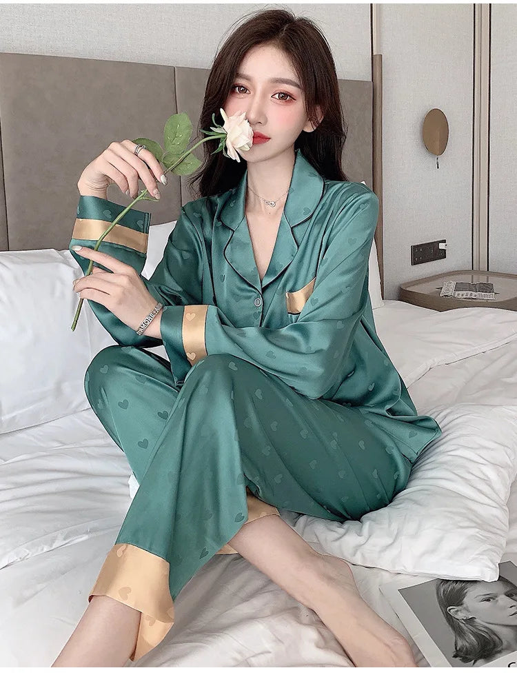 Top Autumn New Ice Silk Women Pajama Lapel Button Cardigan Outfits for Women 2 Piece Set Fashion Printing Set Clothes for Women - Smarsty