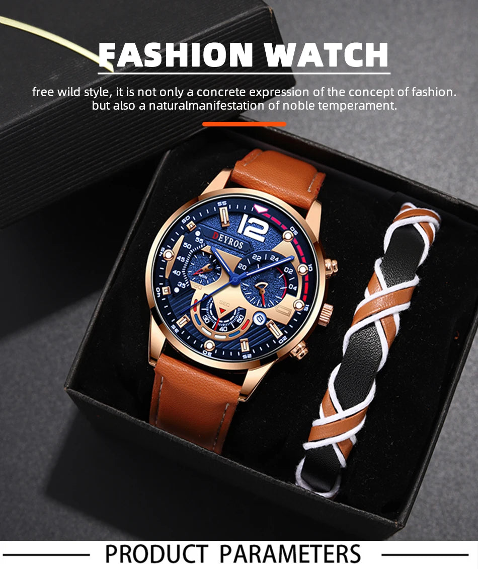Luxury Men's Quartz Watch Set with Brown Leather Band - Smarsty