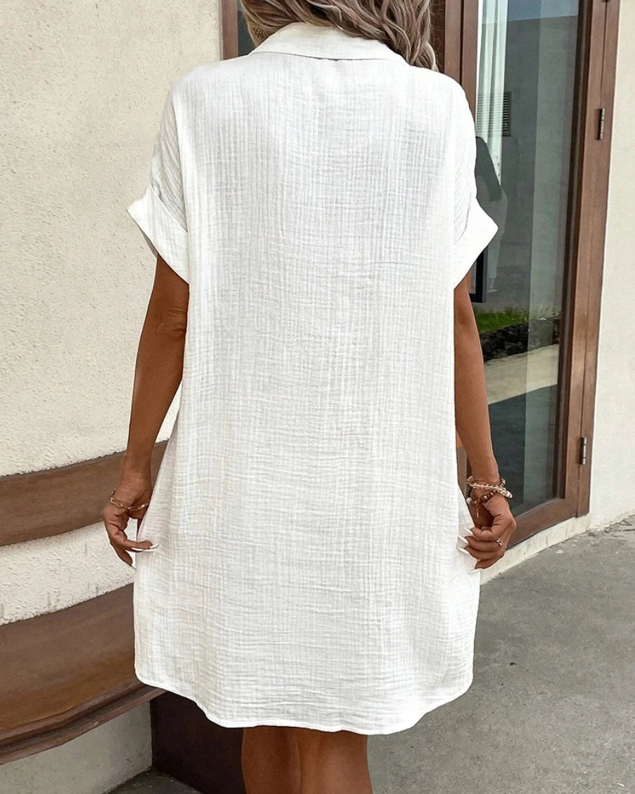 Vintage Women Solid Mini Dress Summer Fashion V-neck Three Quater Sleeve Cotton Linen Dress Ladies Casual Holiday Vestidos - Smarsty