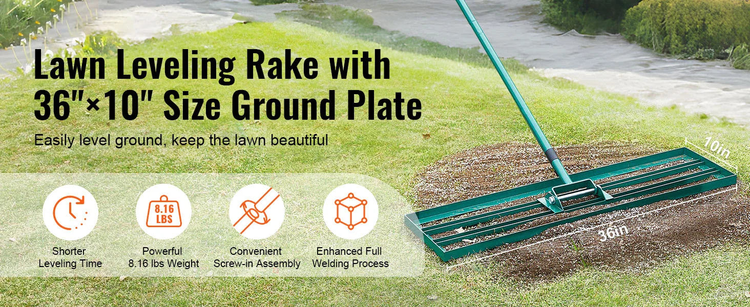 SucceBuy Lawn Leveling Rake 10x36/10x30/10x48inches Heavy-duty Lawn Leveler With Steel Extended Handle For Garden Golf Lawn Farm