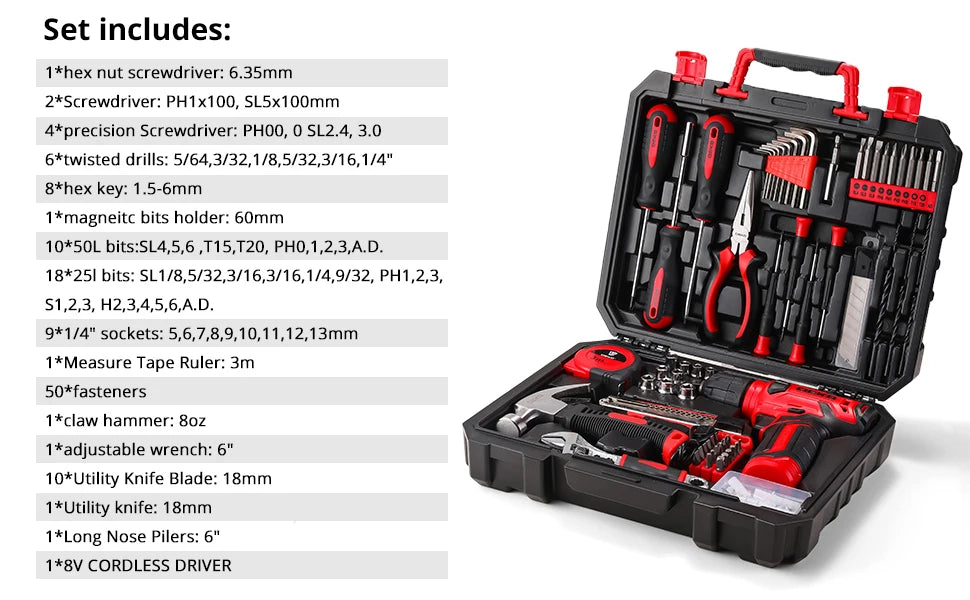 DEKO Drill Set Tool Set with 8V Red Cordless Drill, Home Tool Kit with Drill, Hand Tool Kits for Women 126 Piece
