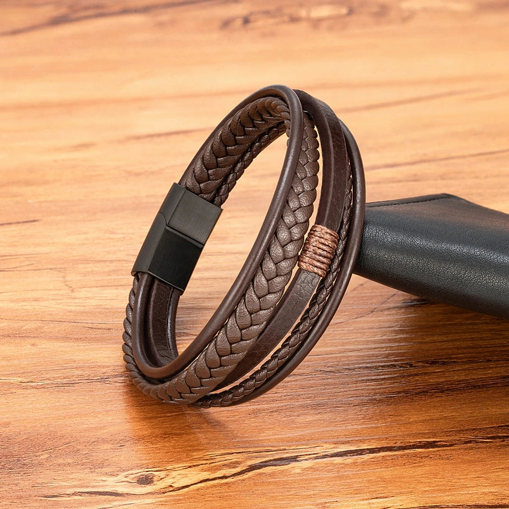 Mens Leather Bracelet Magnetic Buckle Multilayer Bangles - Smarsty